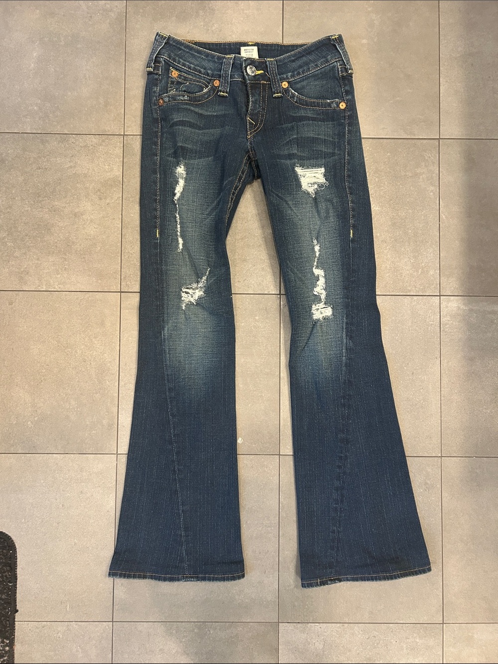 True Religion Joey Distressed Dark Blue Flare Jeans